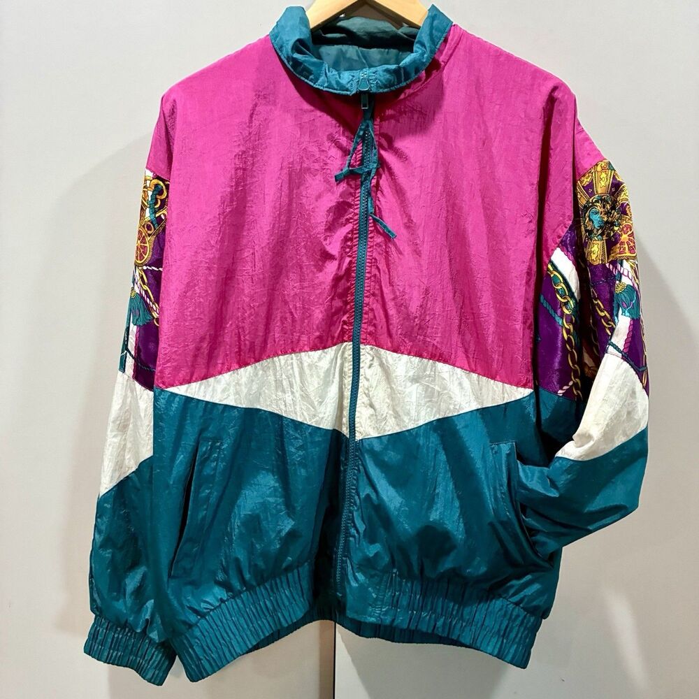 Vintage 80s Color Block Windbreaker Jacket Pink Teal Equestrian Scarf Print Sz L - Picture 5 of 11